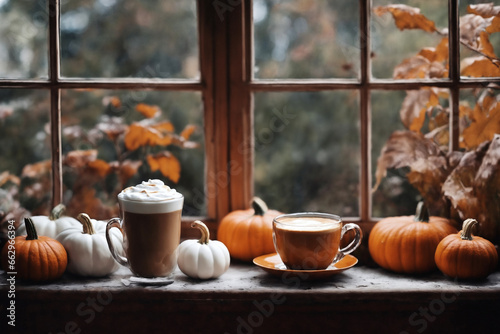 decoration for halloween holiday, still life, a cup of hot latte and pumpkins on a windowsill, beautiful autumn landscape outside the window, rural, festive background