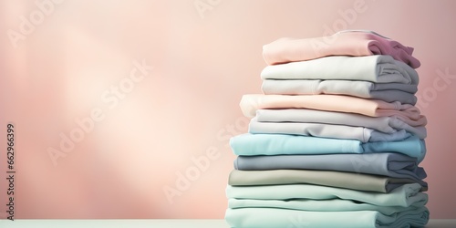 AI Generated. AI Generative. Fresh new washed laundy stack set of many cloth items on table. Graphic Art