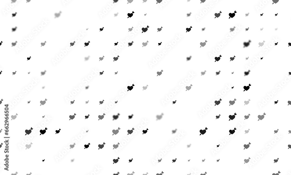 Seamless background pattern of evenly spaced black cupid arrow symbols of different sizes and opacity. Illustration on transparent background