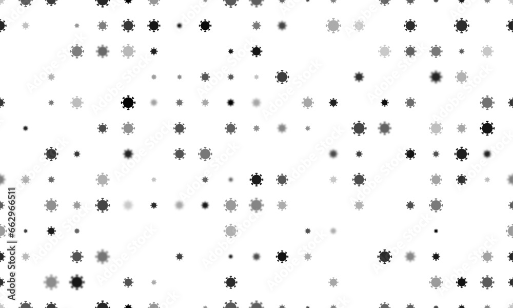 Seamless background pattern of evenly spaced black coronavirus symbols of different sizes and opacity. Vector illustration on white background