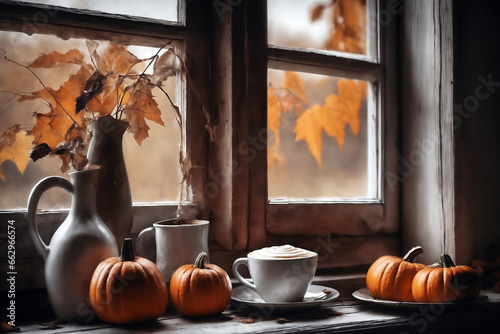 for halloween holiday, decoration with latte and pumpkins on a windowsill, beautiful autumn landscape outside the window, still life, festive background