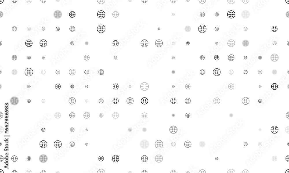 Seamless background pattern of evenly spaced black microcircuit symbols of different sizes and opacity. Illustration on transparent background