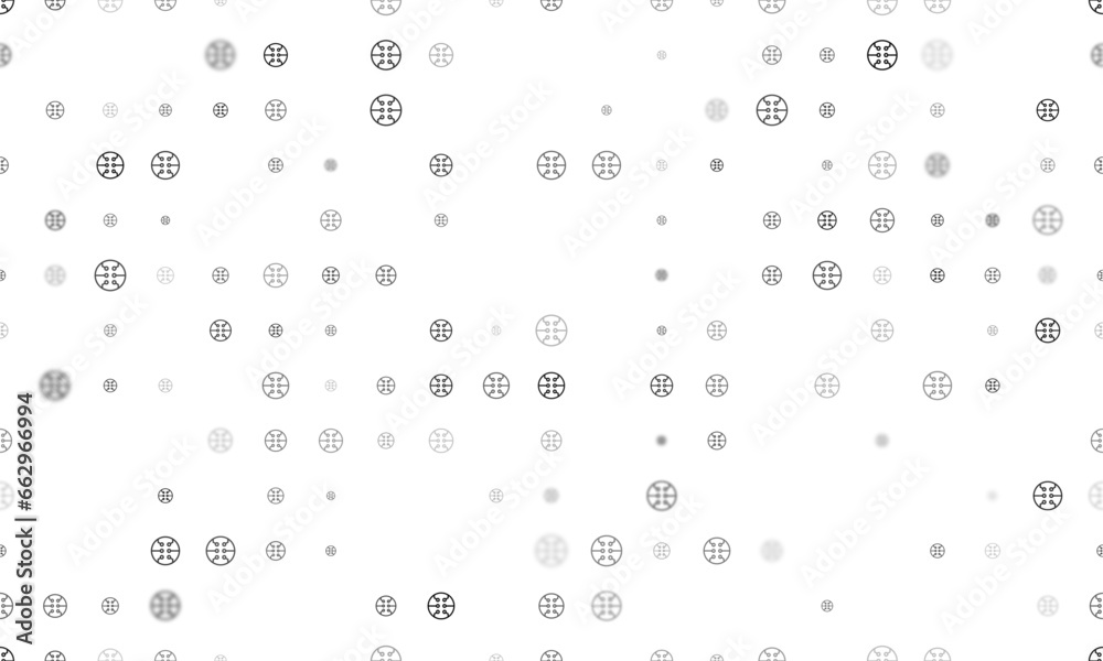 Seamless background pattern of evenly spaced black microcircuit symbols of different sizes and opacity. Vector illustration on white background Seamless background pattern of evenly spaced black microcircuit symbols of different sizes and opacity. Vector illustration on white background
