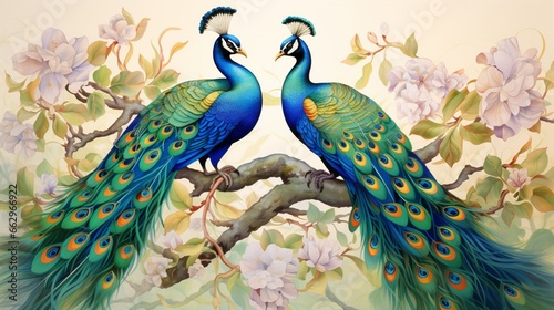 A pair of peacocks, one with the traditional blue plumage and the other adorned in the exotic green hues, creating a captivating contrast.