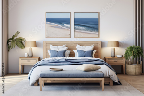 amplio dormitorio con cama, banqueta y  ropa de cama en tonos azules y grises, junto a dos mesitas de madera y cuadros abstractos en pared photo