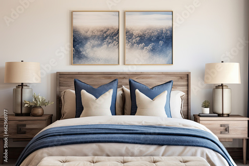 decoracion interior de un dormitorio visto de frente, con cama y ropa de cama en tonos pastel azules y blancos, dos mesitas de madera rustica , lamparas y cuadros abstractos en pared, banqueta textil