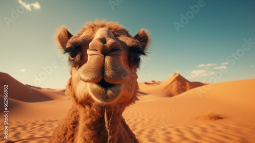 Camel in desert, funny portrait. Generative ai image. photo