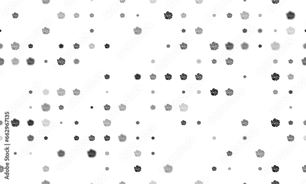 Seamless background pattern of evenly spaced black roses of different sizes and opacity. Illustration on transparent background