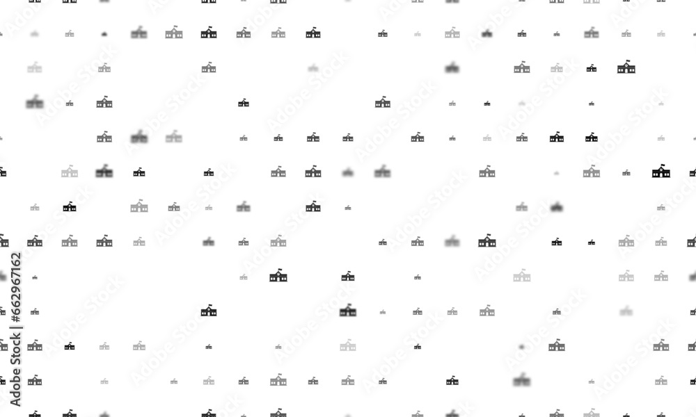 Seamless background pattern of evenly spaced black school building symbols of different sizes and opacity. Vector illustration on white background