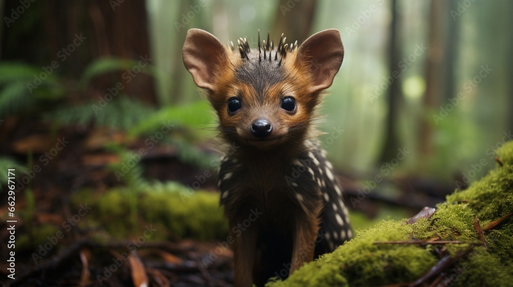 A Pudu Puda exploring its natural habitat, the camera zooming in to showcase the intricate details of its tiny size and endearing features.
