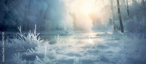 Cold season outdoors landscape, frost grass beside a river in a forest ground covered with ice and snow, under the morning sun - Winter seasonal background