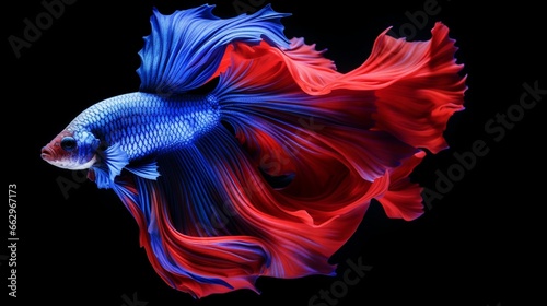 Capture the moving moment of betta fish or red-blue siamese fighting fish isolated on black background.