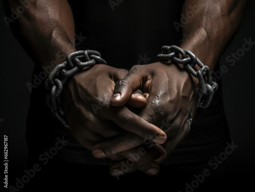 Black man hands in chains. AI generated picture. © ausra