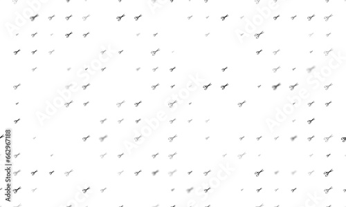Seamless background pattern of evenly spaced black scissors symbols of different sizes and opacity. Illustration on transparent background