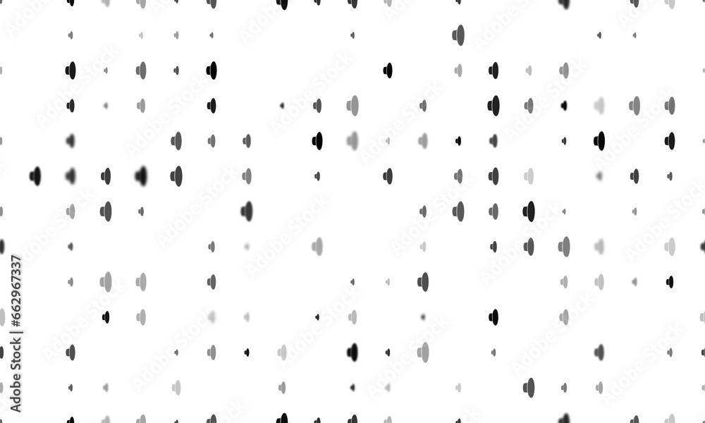 Seamless background pattern of evenly spaced black speaker symbols of different sizes and opacity. Illustration on transparent background