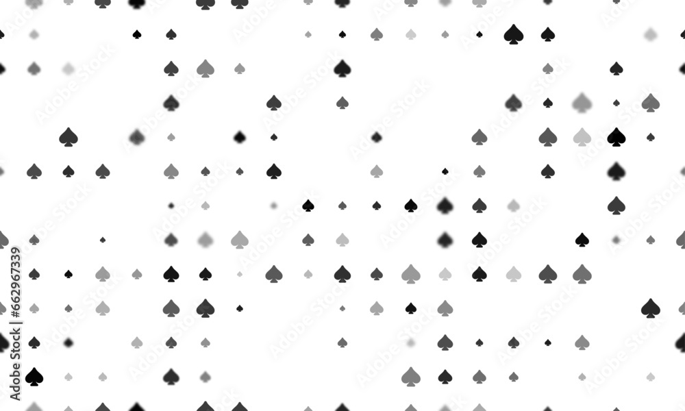 Seamless background pattern of evenly spaced black spades of different sizes and opacity. Vector illustration on white background