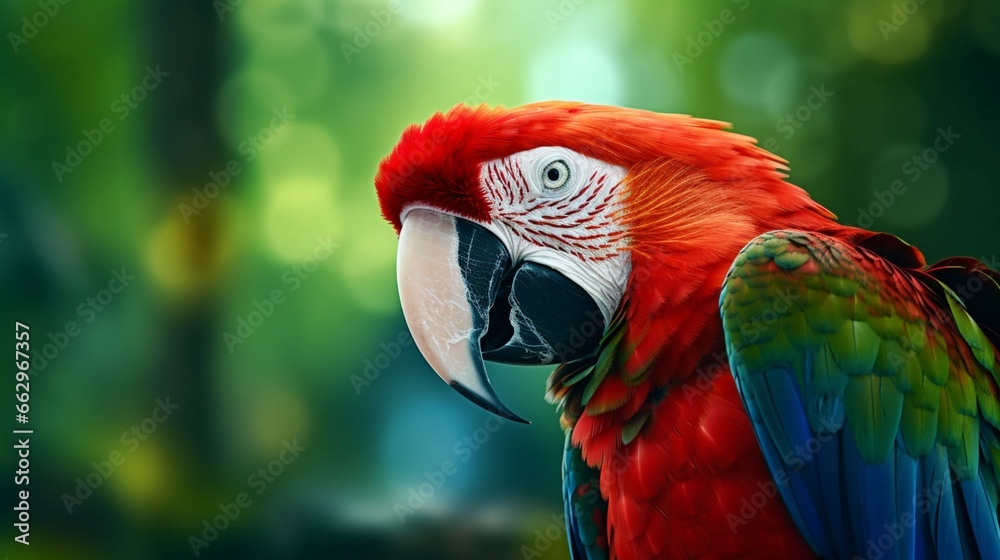 Colorful portrait of Amazon red macaw parrot against jungle. Side view of wild ara parrot head on green background. Wildlife and rainforest exotic tropical birds as popular pet breeds