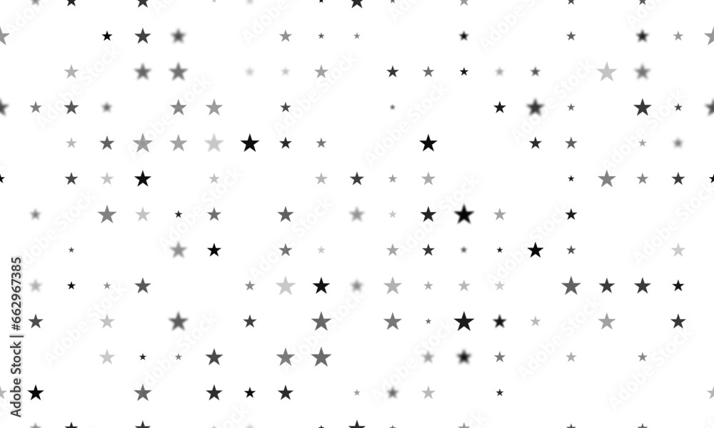 Obraz premium Seamless background pattern of evenly spaced black star symbols of different sizes and opacity. Vector illustration on white background