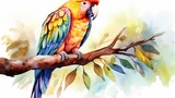 Colorful beautiful parrot on a branch, watercolor illustration.