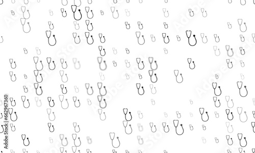 Seamless background pattern of evenly spaced black stethoscope symbols of different sizes and opacity. Illustration on transparent background