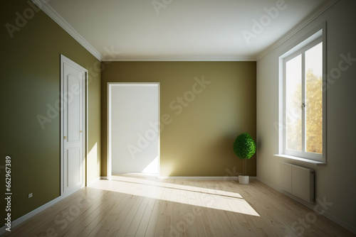 Interior concept of empty room with light parquet floor, khaki walls, large full-wall window, white door, and window opposite. Windows, 7680x5760. Generative AI © Sona