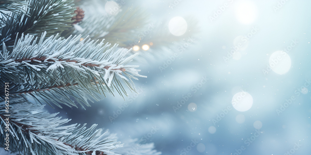 Close up of winter pine tree with snow and blurred blue background for text