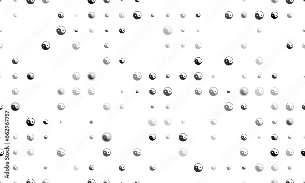 Seamless background pattern of evenly spaced black yin yang symbols of different sizes and opacity. Vector illustration on white background