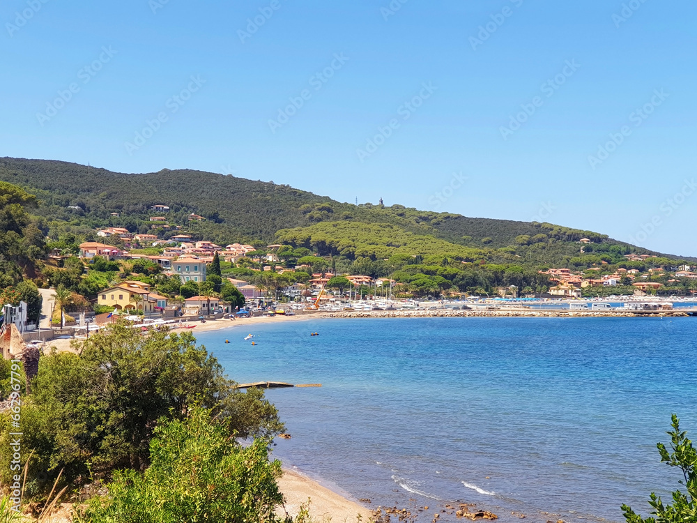 View of the beach of Cavo. The port city of Cavo on the island of Elba.