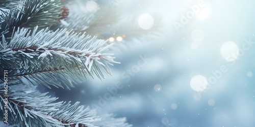 Close up of winter pine tree with snow and blurred blue background for text