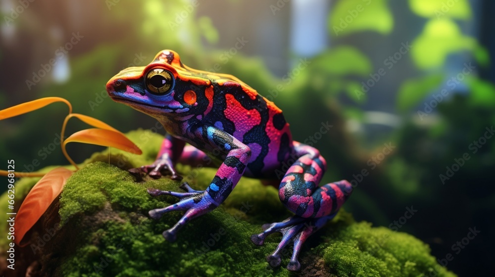 Generative AI illustration of closeup of vivid multicolored strawberry poison dart frog sitting on green moss in wild nature. Generative AI illustration of closeup of vivid multicolored strawberry poison dart frog sitting on green moss in wild nature.