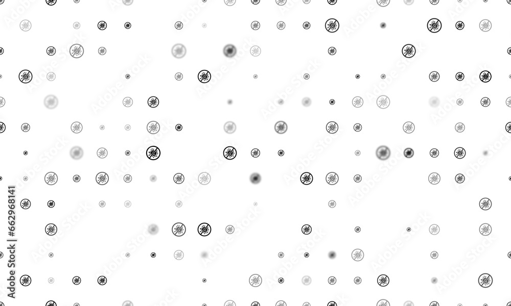 Seamless background pattern of evenly spaced black stop coronavirus symbols of different sizes and opacity. Illustration on transparent background