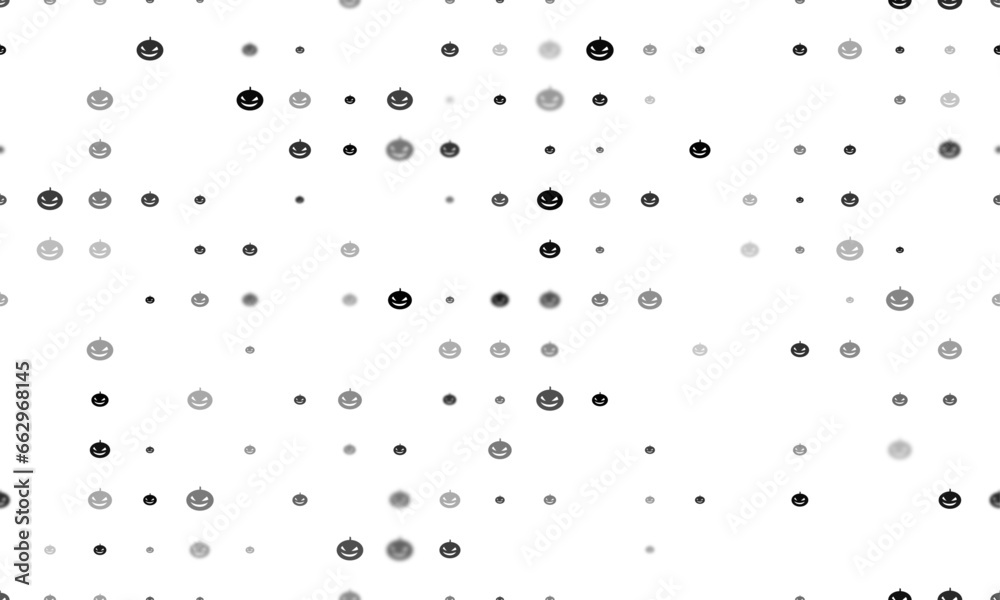 Seamless background pattern of evenly spaced black halloween pumpkin symbols of different sizes and opacity. Vector illustration on white background