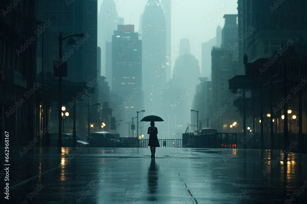 silhouette of a man with an umbrella walking along a city street generative ai