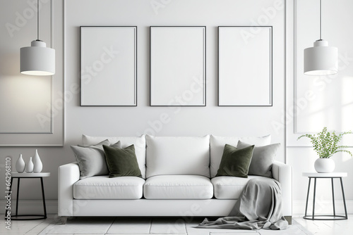 Light-colored walls with blank posters in a trendy living room with a sofa and lamp. Generative AI