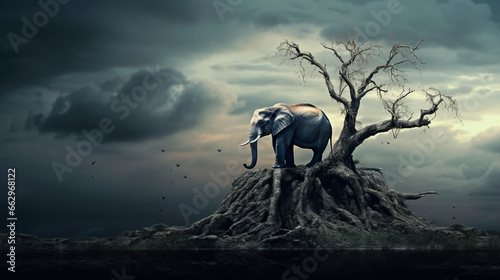 Lonely elephant and the tree