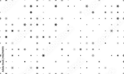 Seamless background pattern of evenly spaced black snowflakes of different sizes and opacity. Illustration on transparent background