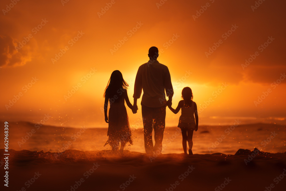 family against the backdrop of the orange sun at the resort generative ai