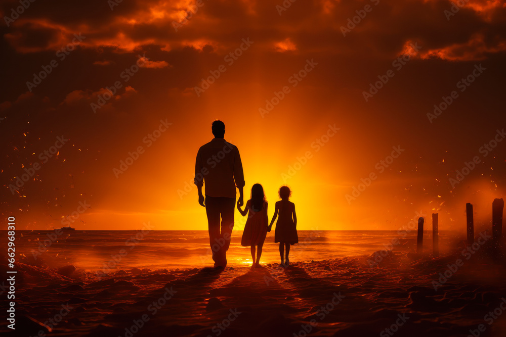 silhouettes of parents with a child walking on the evening beach,  generative ai