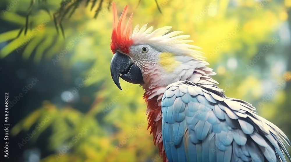 Generative AI illustration of graceful exotic parrot with white plumage and long beak against blurred foliage background in nature.
