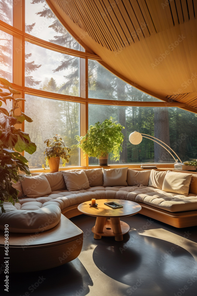 Fototapeta premium room of big bright apartment with big panorama windows, sofa and pillows, green forest or park behind glass