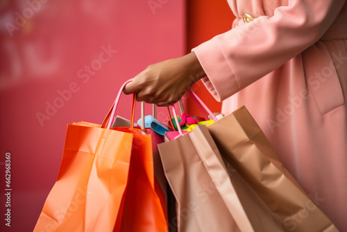 girl shopping in a store, girl's hand with packages generative ai
