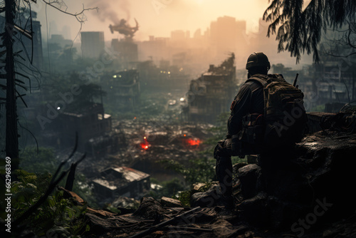 a soldier sits and looks at the destroyed city after hostilities generative ai