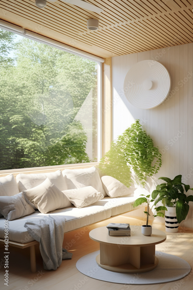 Fototapeta premium room of big bright apartment with big panorama windows, sofa and pillows, green forest or park behind glass