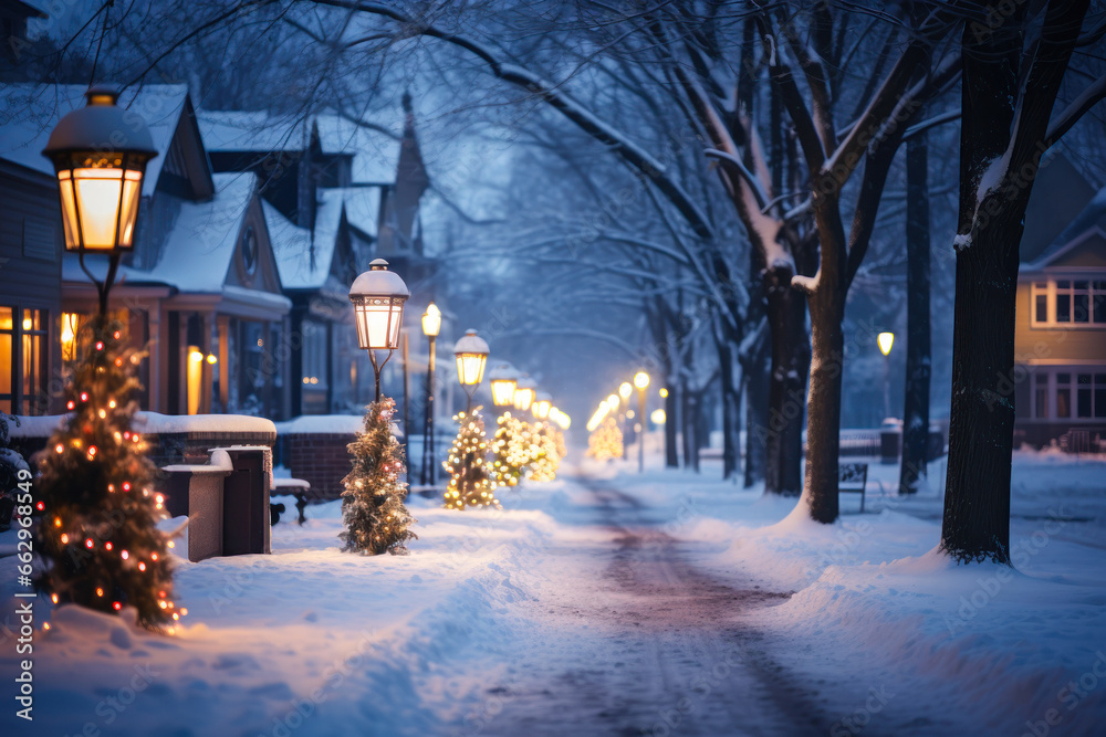 evening snow-covered alley with warm street lamps generative ai evening snow-covered alley with warm street lamps generative ai