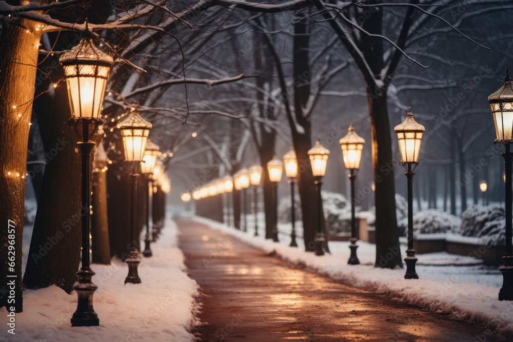 evening snow-covered alley with warm street lamps generative ai