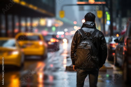 young man with luggage walks along the road next to a taxi generative ai