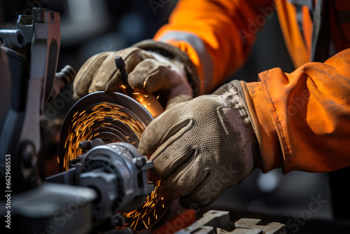 close-up of a worker's hands in protective gloves working on a factory machine generative ai