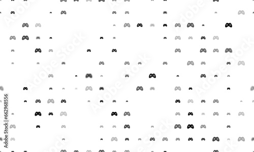 Seamless background pattern of evenly spaced black joystick symbols of different sizes and opacity. Illustration on transparent background