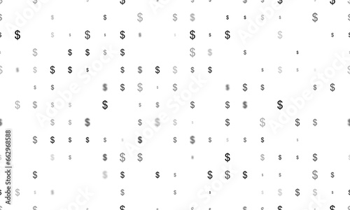 Seamless background pattern of evenly spaced black dollar symbols of different sizes and opacity. Illustration on transparent background
