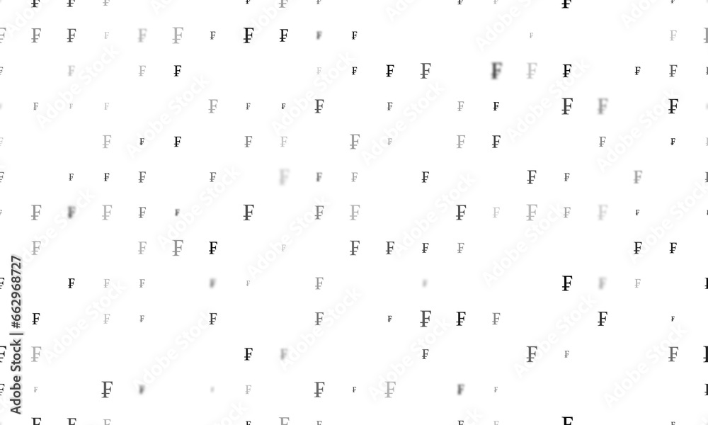 Seamless background pattern of evenly spaced black franc symbols of different sizes and opacity. Illustration on transparent background